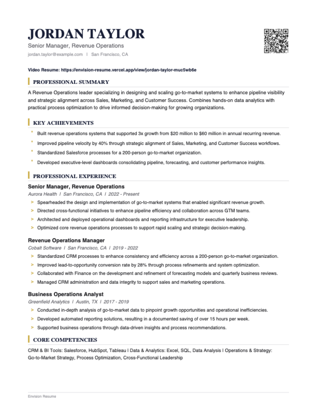 Jordan Taylor sample resume showing revenue operations experience, achievements and skills